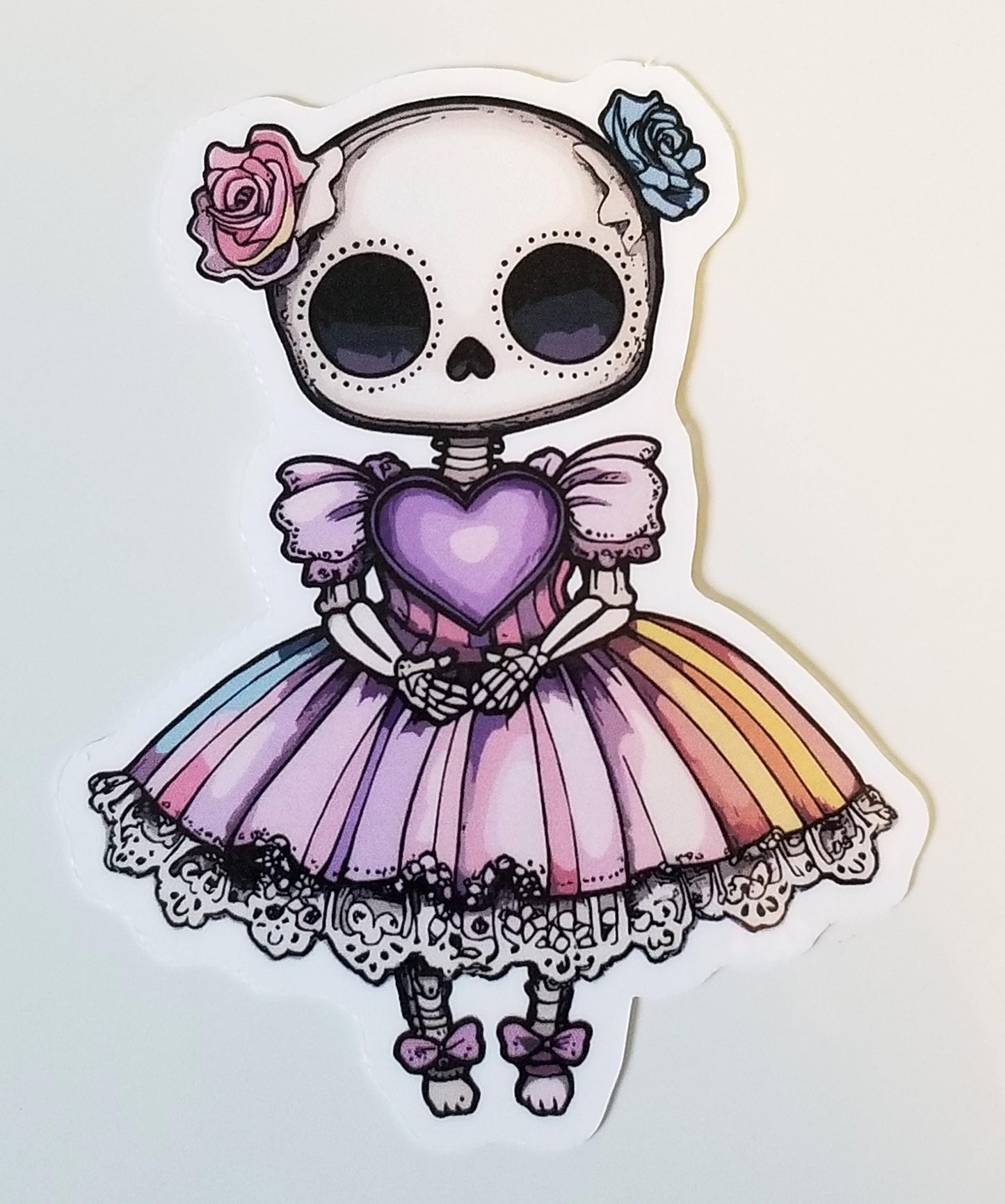 Patel goth skeleton girl vinyl sticker 3 inches, water resistant decal, cute skull, gothic girl in dress, heart skeleton, cute skeleton