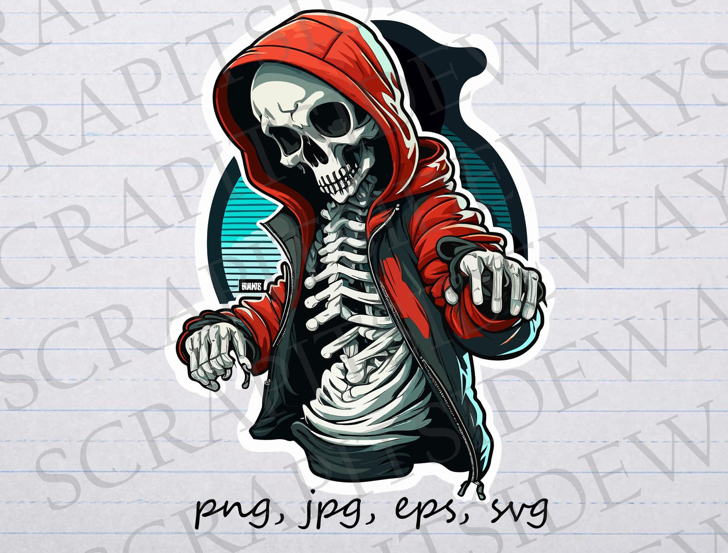 Hip hop Skeleton 2 clipart vector graphic svg png jpg eps sticker design t-shirt design skull skeleton in hoodie