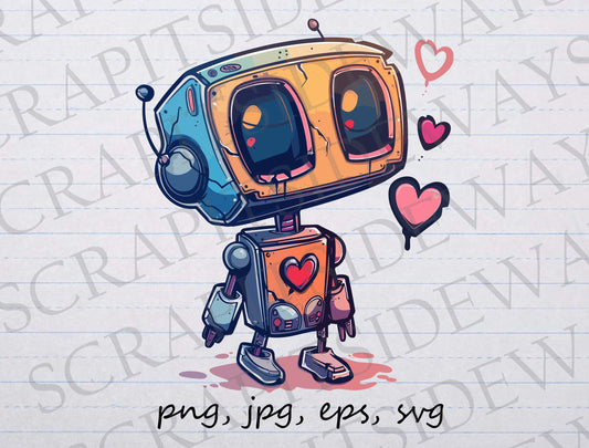 Cute heart robot clip art clipart vector graphic svg png jpg eps sci fi futuristic robotics t-shirt design sticker design love robot