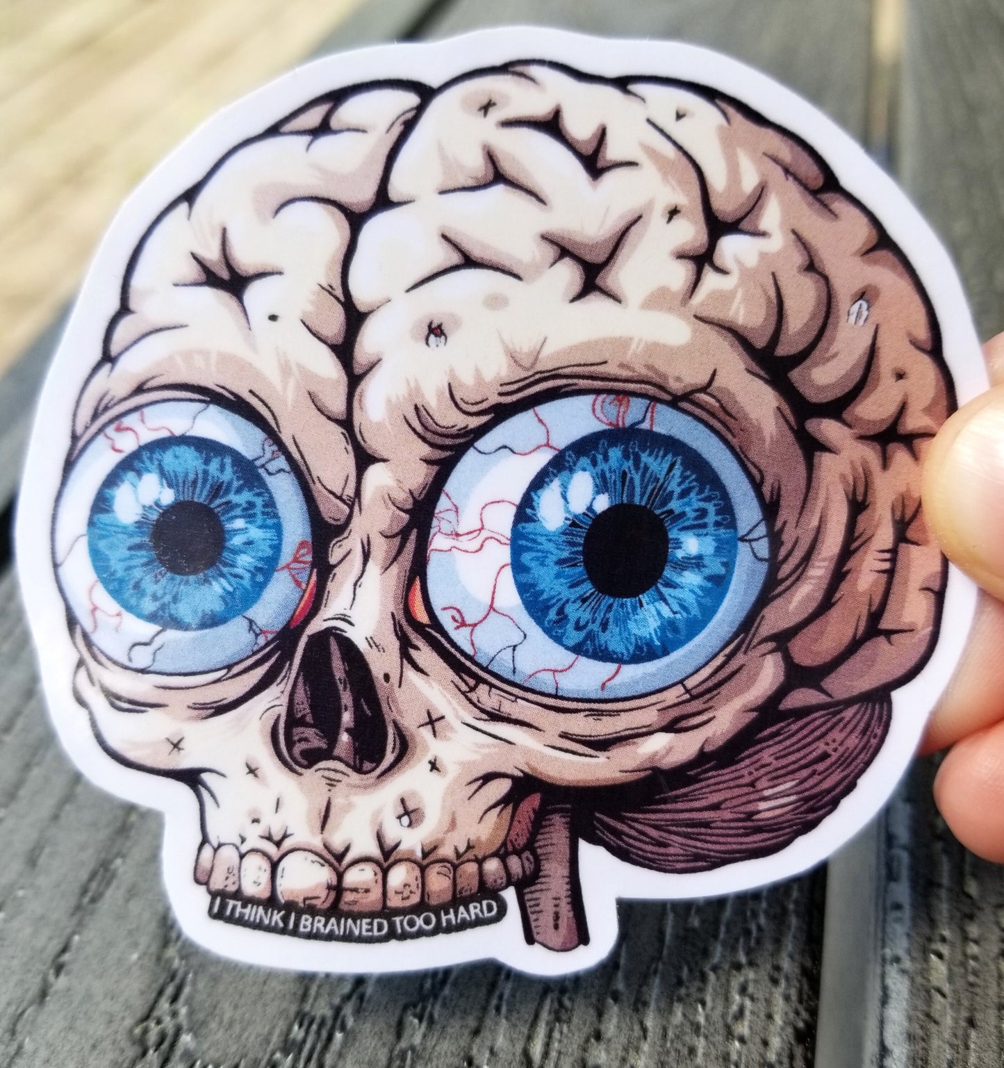 Creepy brain vinyl sticker 3 inches, water resistant decal, I think I brained too hard, silly brain, brain with big eyes, funny brain