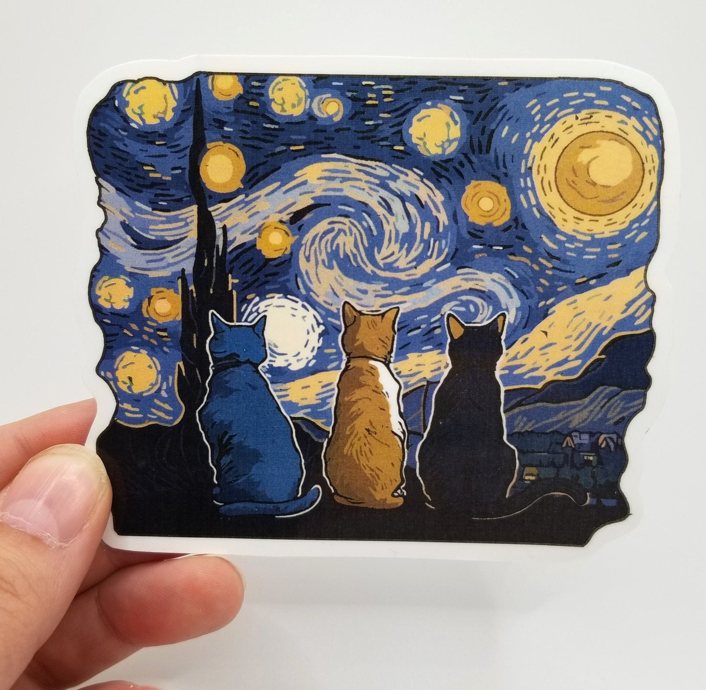 Starry night cats vinyl sticker 4 inches, water resistant decal, Van Gogh inspired, kitty, kitten, Cat lover