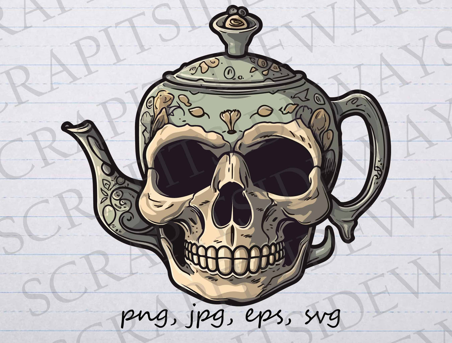 Skull Tea pot clip art clipart vector graphics svg png jpg eps, gothic teapot, horror, creepy, scary tea