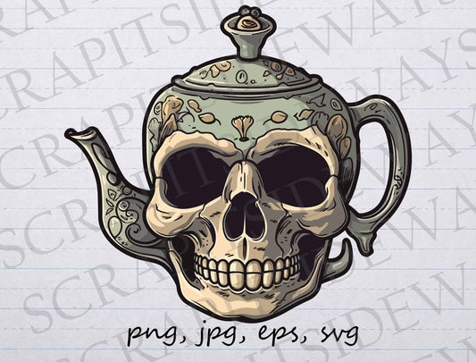 Skull Tea pot clip art clipart vector graphics svg png jpg eps, gothic teapot, horror, creepy, scary tea