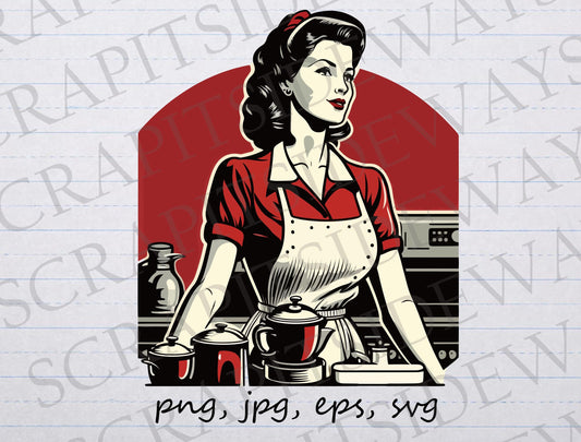 Retro woman in kitchen clipart vector graphic svg png jpg eps sticker design t-shirt design vintage woman baker house wife homemaker