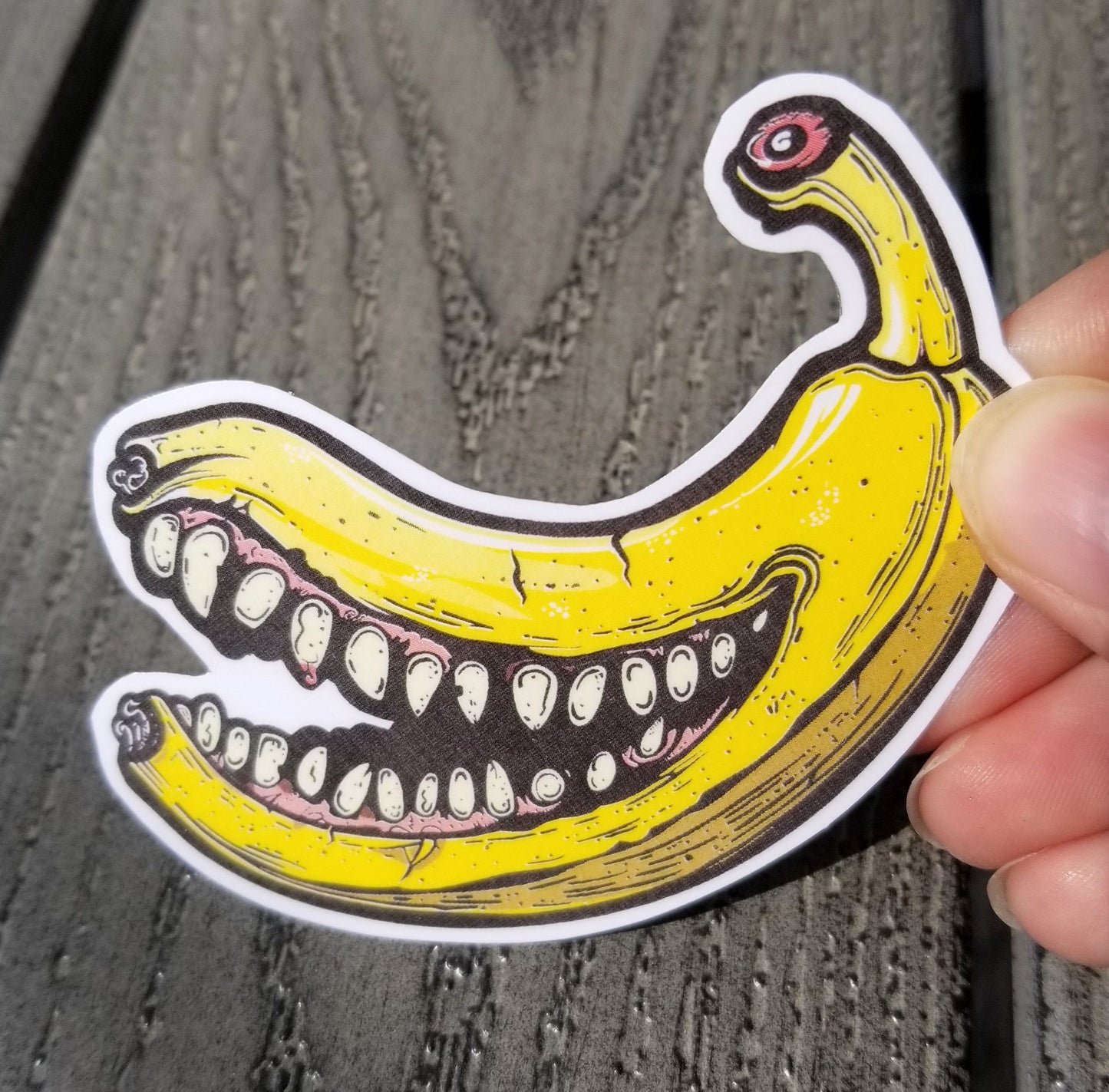 Horror Banana vinyl sticker 3 inches, water resistant decal, angry banana, angry fruit, evil fruit, funny banana, evil banana