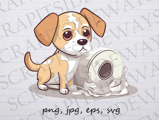 Dog with toilet paper clipart vector graphic svg png jpg eps sticker design t-shirt design toilet paper destroyer dog mom dog dad funny dog