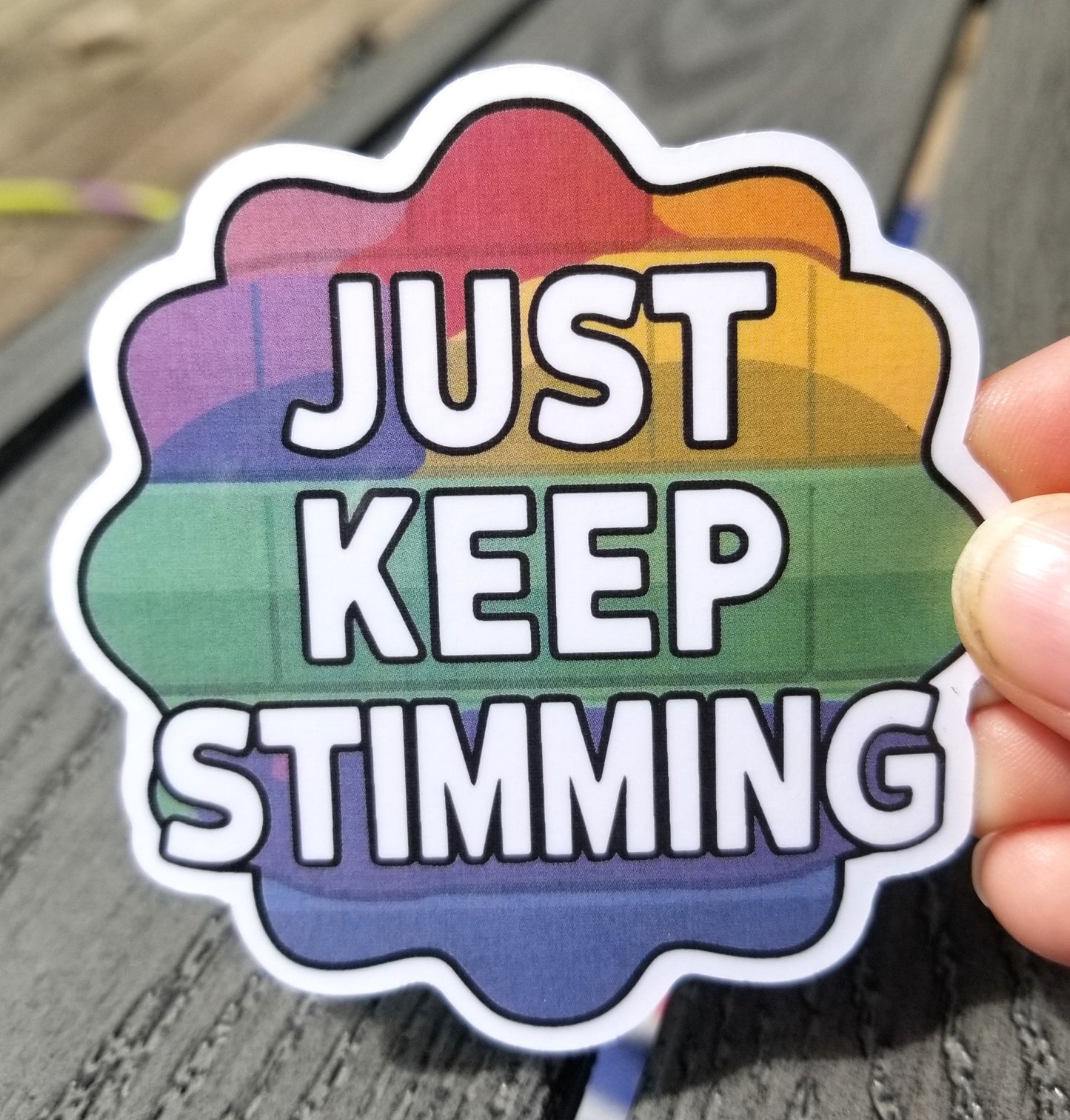 Just keep stimming vinyl sticker 3 inches, water resistant decal, Neurodivergent, ADHD, Autism, colorful stimming