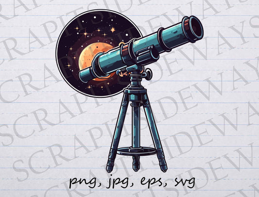 Telescope and moon clip art clipart vector graphic svg png jpg eps, star sighting, star gazing, night sky exploration, star gazer