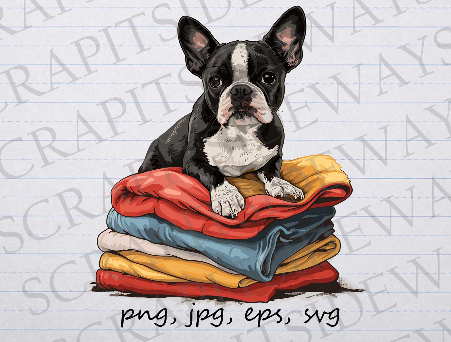 Boston terrier sitting on laundry clip art clipart vector graphic svg png jpg eps, boston lover, cute boston, boston mom, boston dad