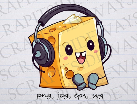 Cheese wearing headphones clipart vector graphic svg png jpg eps funny food funny cheese musical cheese music cheese