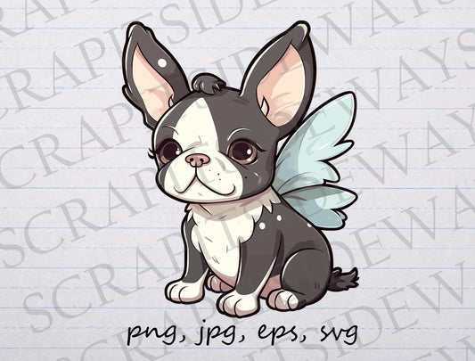 Fairy Boston terrier clipart vector graphic svg png jpg eps sticker design t-shirt design puppy fantasy wings