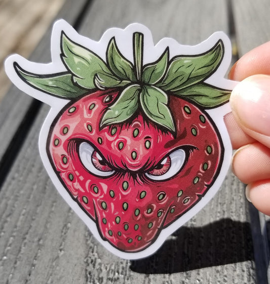 Evil strawberry vinyl sticker 3 inches, water resistant decal, angry strawberry, angry fruit, evil fruit, funny strawberry