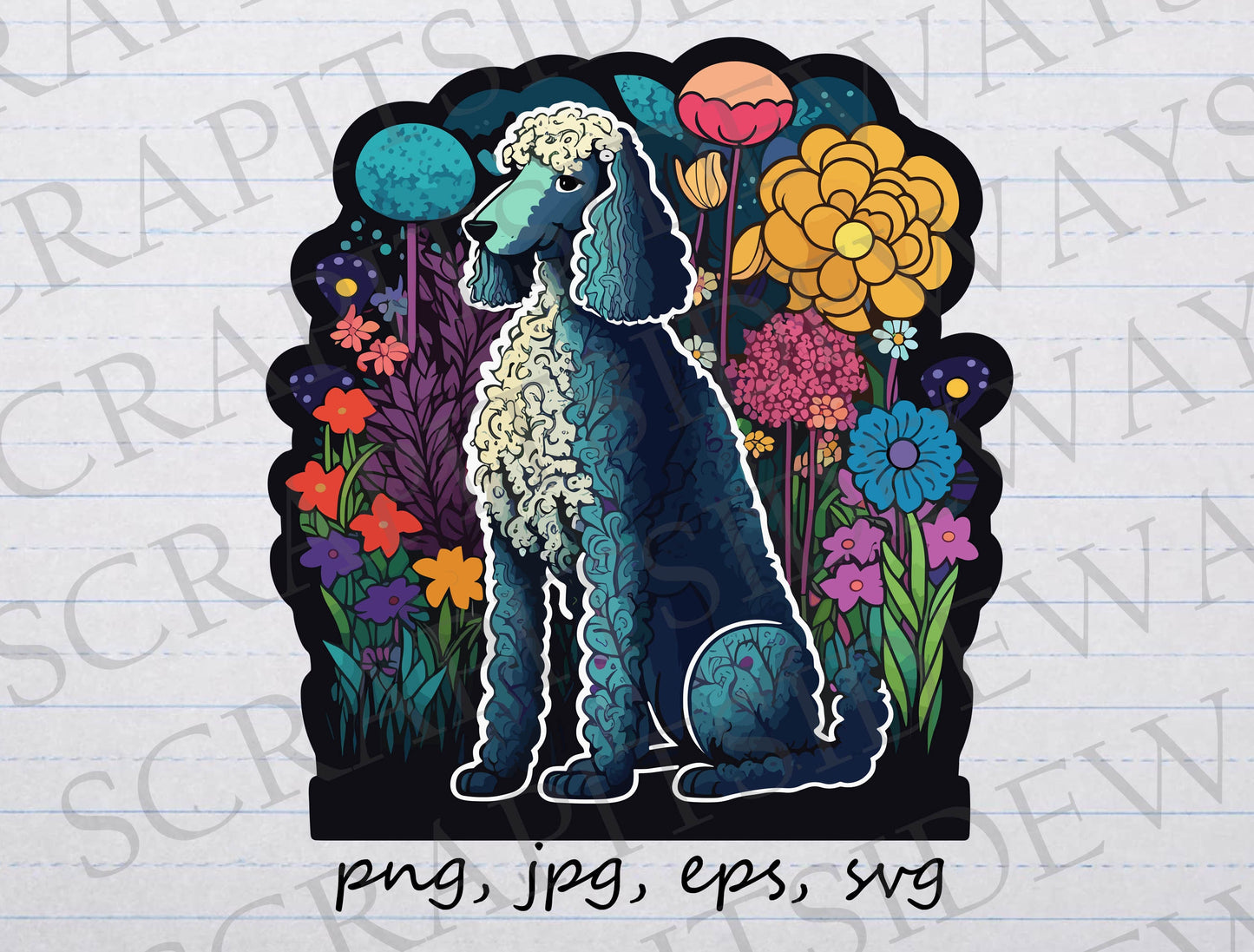 Standard Poodle in garden clipart vector graphic svg png jpg eps dog puppy flowers