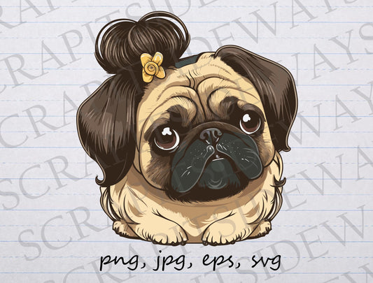 Pug with hair clipart vector graphic svg png jpg eps sticker design t-shirt design pug in a wig