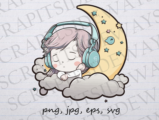 Cute sleeping girl with headphones 2 clipart vector graphic svg png jpg eps moon celestial