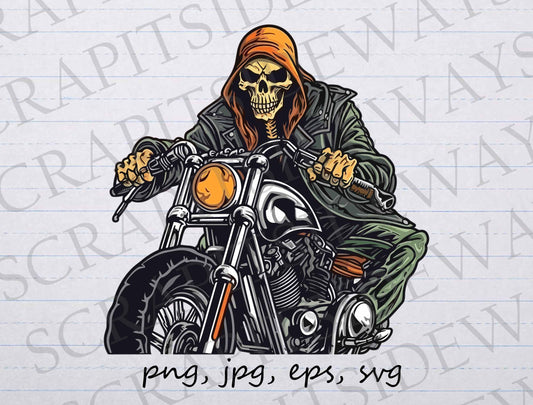 Skeleton Biker clip art clipart vector graphic svg png jpg eps, skeleton rider, skeleton on a hog