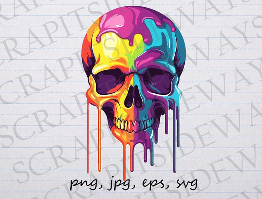 Colorful melting skull clipart vector graphic svg png jpg eps paint splatter halloween spooky creepy