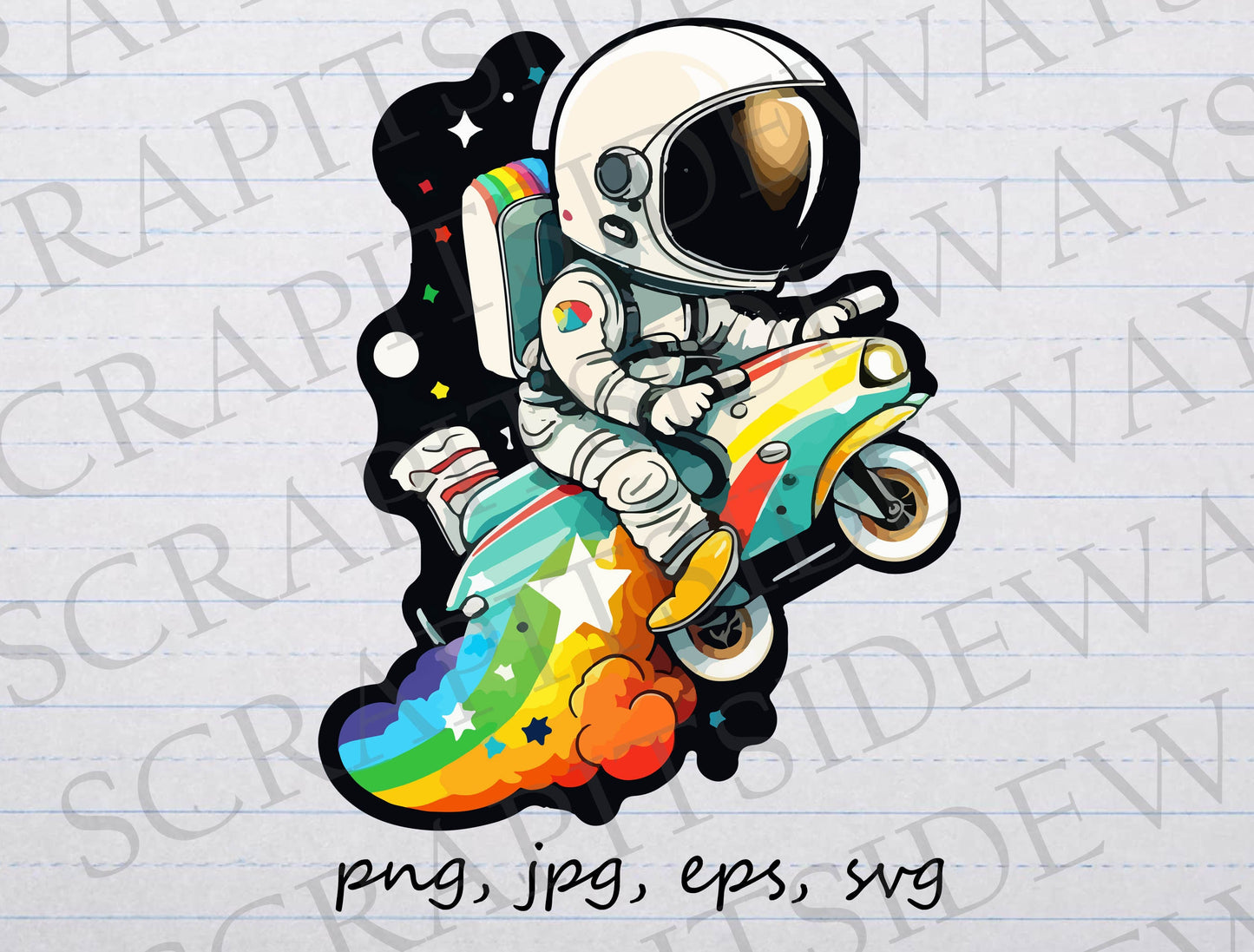 Astronaut riding a rainbow clipart vector graphic svg png jpg eps moped space galaxy