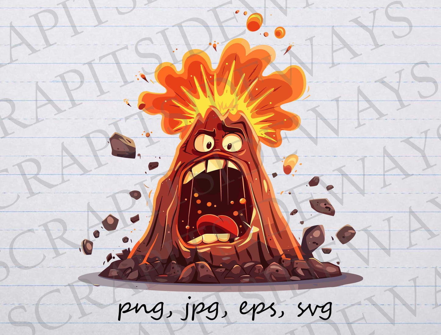 Angry volcano clip art clipart vector graphic svg png jpg eps, volcano erupting, cartoon volcano, anger, explosive volcano