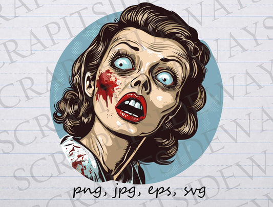 1950s Zombie housewife clipart vector graphic svg png jpg eps, vintage zombie, house wife, horror, monster