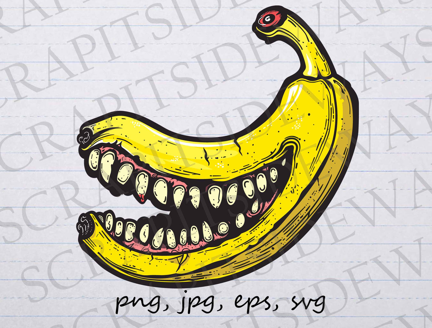 Evil Banana clip art clipart vector graphic svg png jpg eps, angry banana, angry fruit, horror banana, cartoon banana, scary banana,