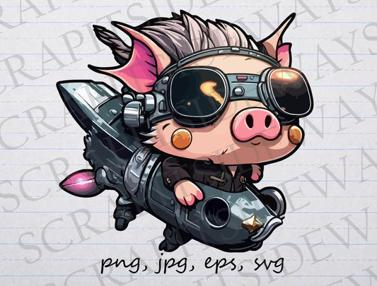 Steampunk pig clipart vector graphic svg png jpg eps cute farm animal rocket pig on a rocket