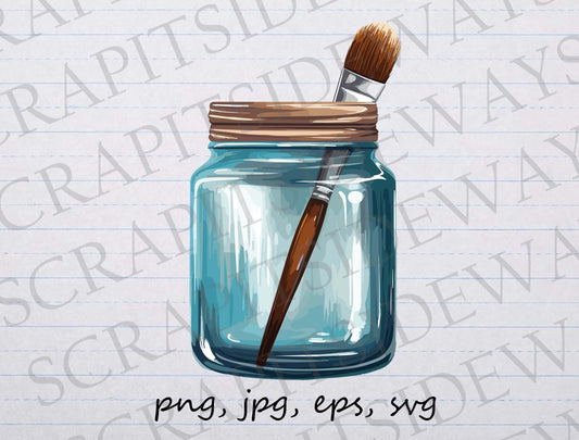 Paint brush in a mason jar clip art clipart vector graphic svg png jpg eps, artist, painter, paint brush in a jar