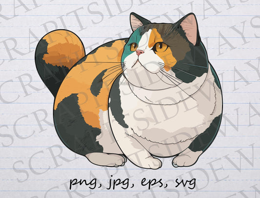 Fat Calico cat clipart vector graphic svg png jpg eps kitty kitten big kitty cat mom cat dad cat lover