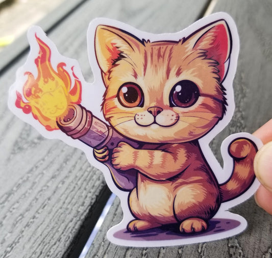 Cat with flamethrower vinyl sticker 3 inches, water resistant decal, cute cat, cat with fire, anarchy cat, dangerous cat, cat lover