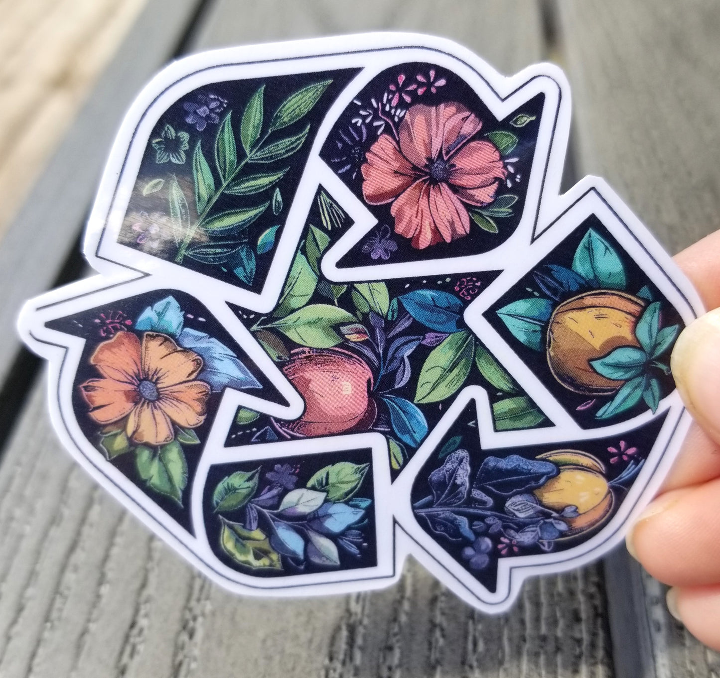 Floral recycle symbol vinyl sticker 3 inches, water resistant decal, pretty recycling symbol, flower recycle sign