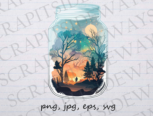 Forest scene in a jar clip art clipart vector graphic svg png jpg eps mason jar, mason jar forest, mason jar woods scene moonlit night