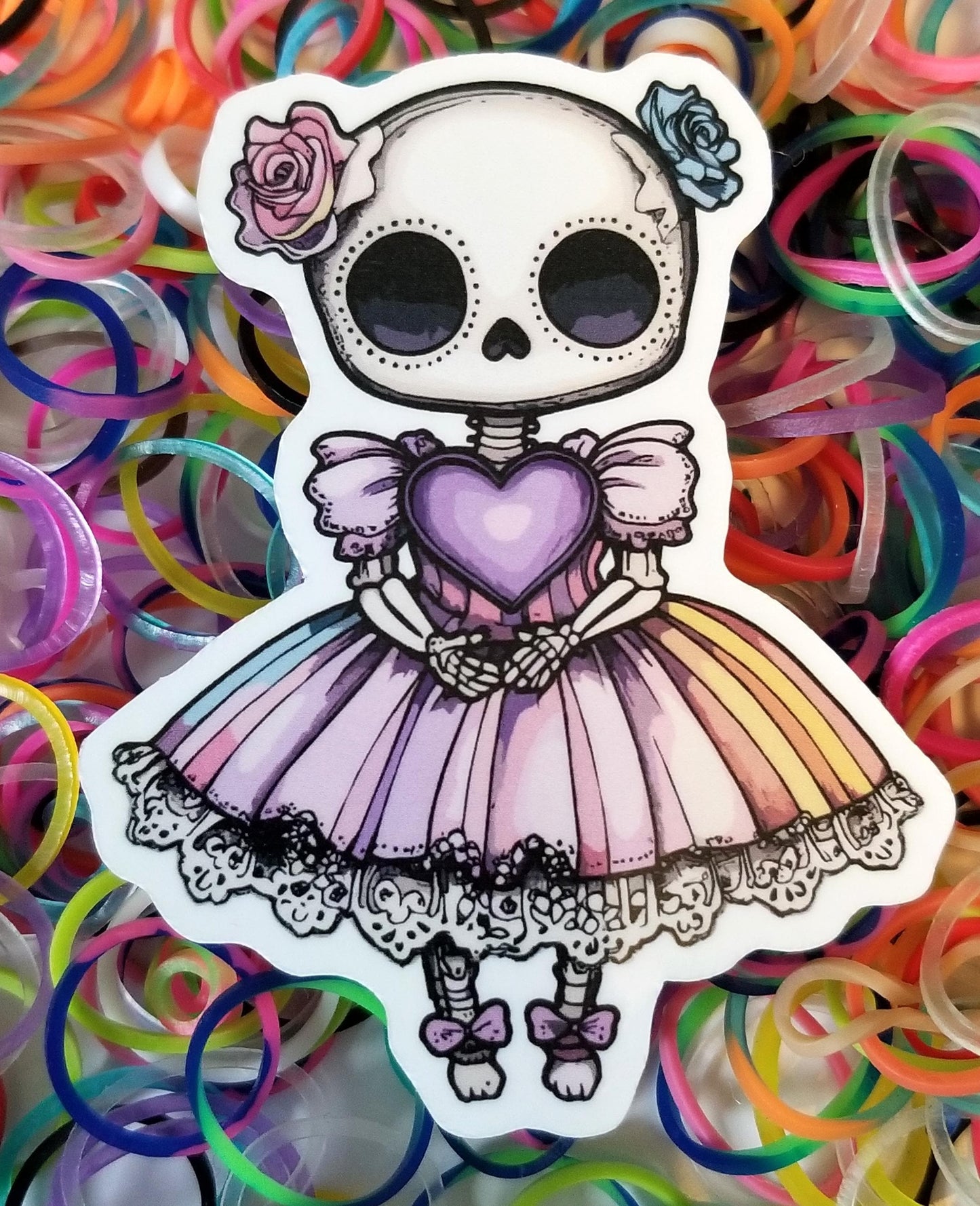 Patel goth skeleton girl vinyl sticker 3 inches, water resistant decal, cute skull, gothic girl in dress, heart skeleton, cute skeleton