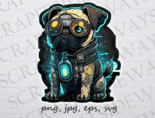 Cute cyberpunk pug clipart vector graphic svg png jpg eps sci fi dog cyborg pug