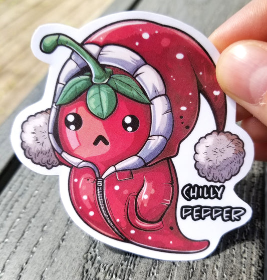 Chilly pepper vinyl sticker 3 inches, water resistant decal, chili pepper, cute pepper, pepper in a parka, kawaii chili pepper, dad joke