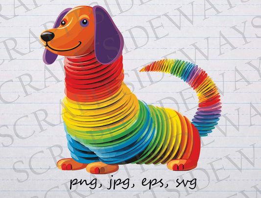 Rainbow slinky dog clip art clipart vector graphic svg png jpg eps, stretchy dog, funny dog, dog lover, dog toy