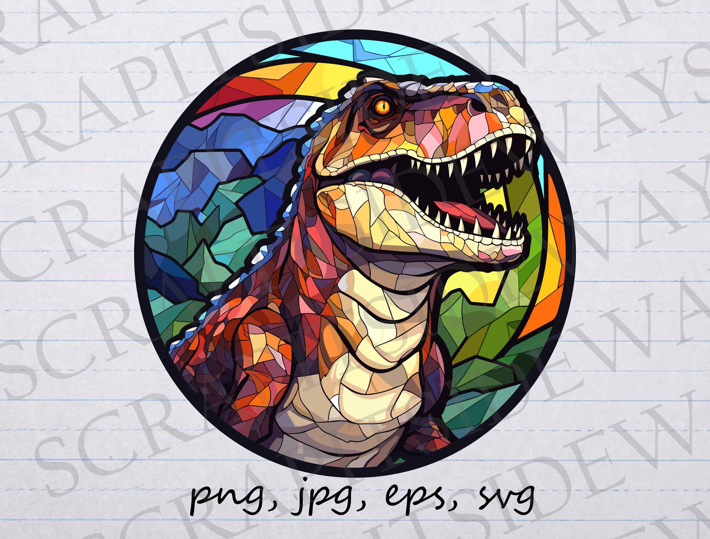 Stained glass T-Rex clip art clipart vector graphic svg png jpg eps mosaic trex, stained glass dinosaur