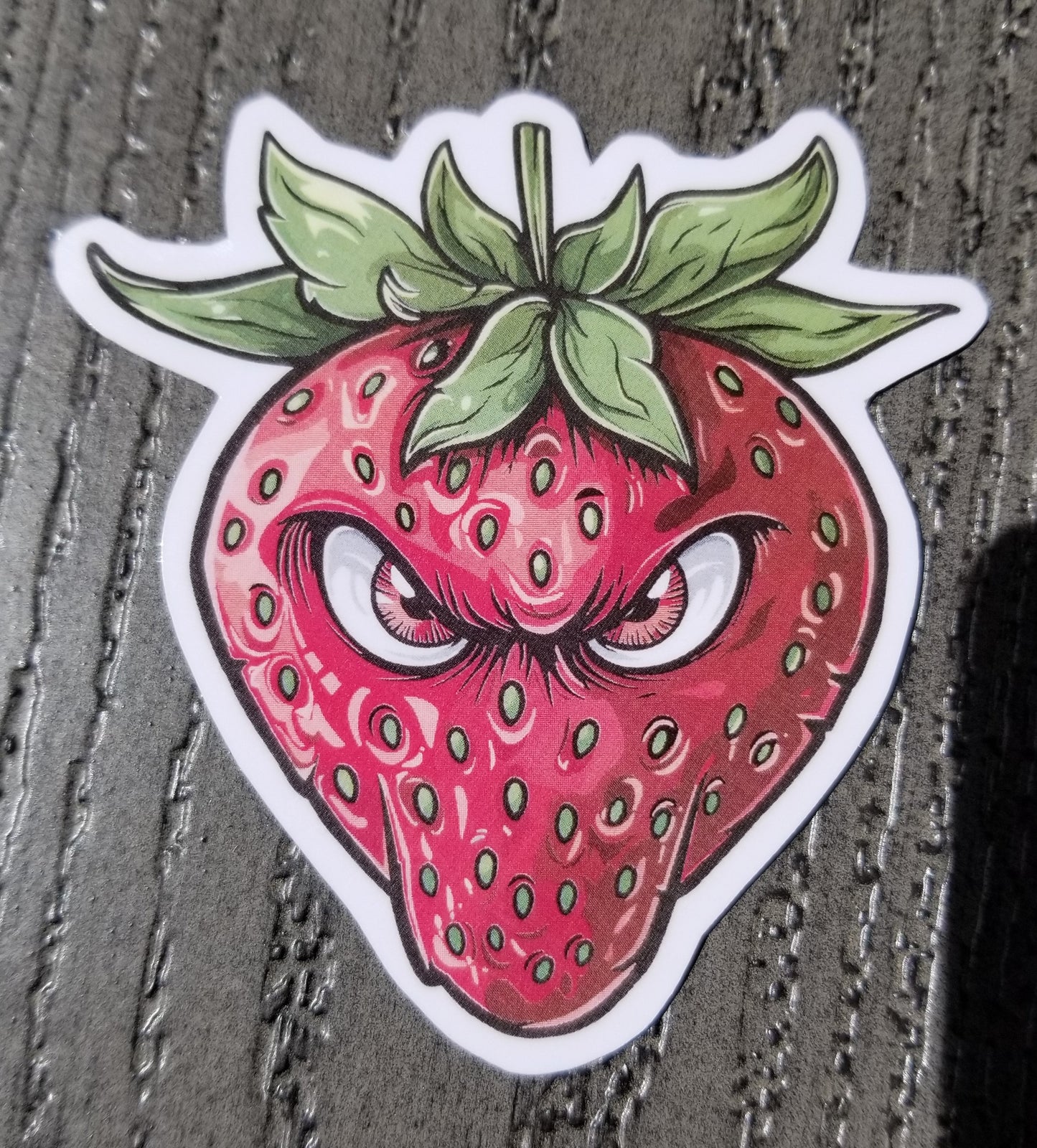 Evil strawberry vinyl sticker 3 inches, water resistant decal, angry strawberry, angry fruit, evil fruit, funny strawberry