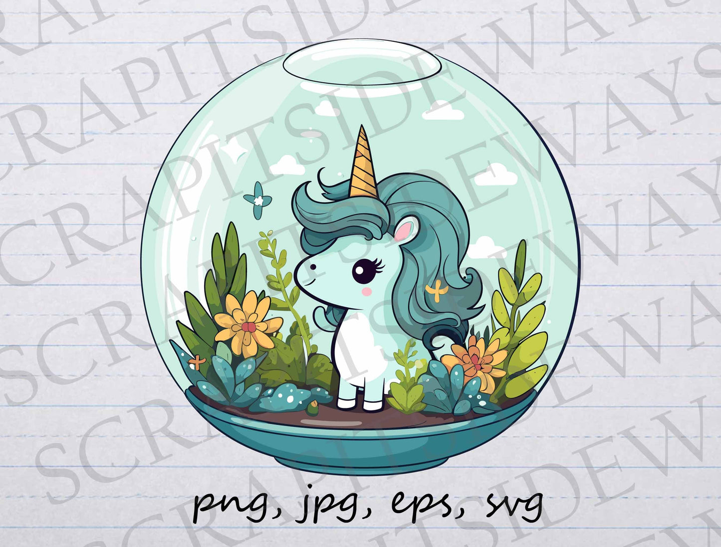 Unicorn in a terrarium clip art clipart vector graphic svg png jpg eps plant lover, fantasy terrarium, cute terrarium