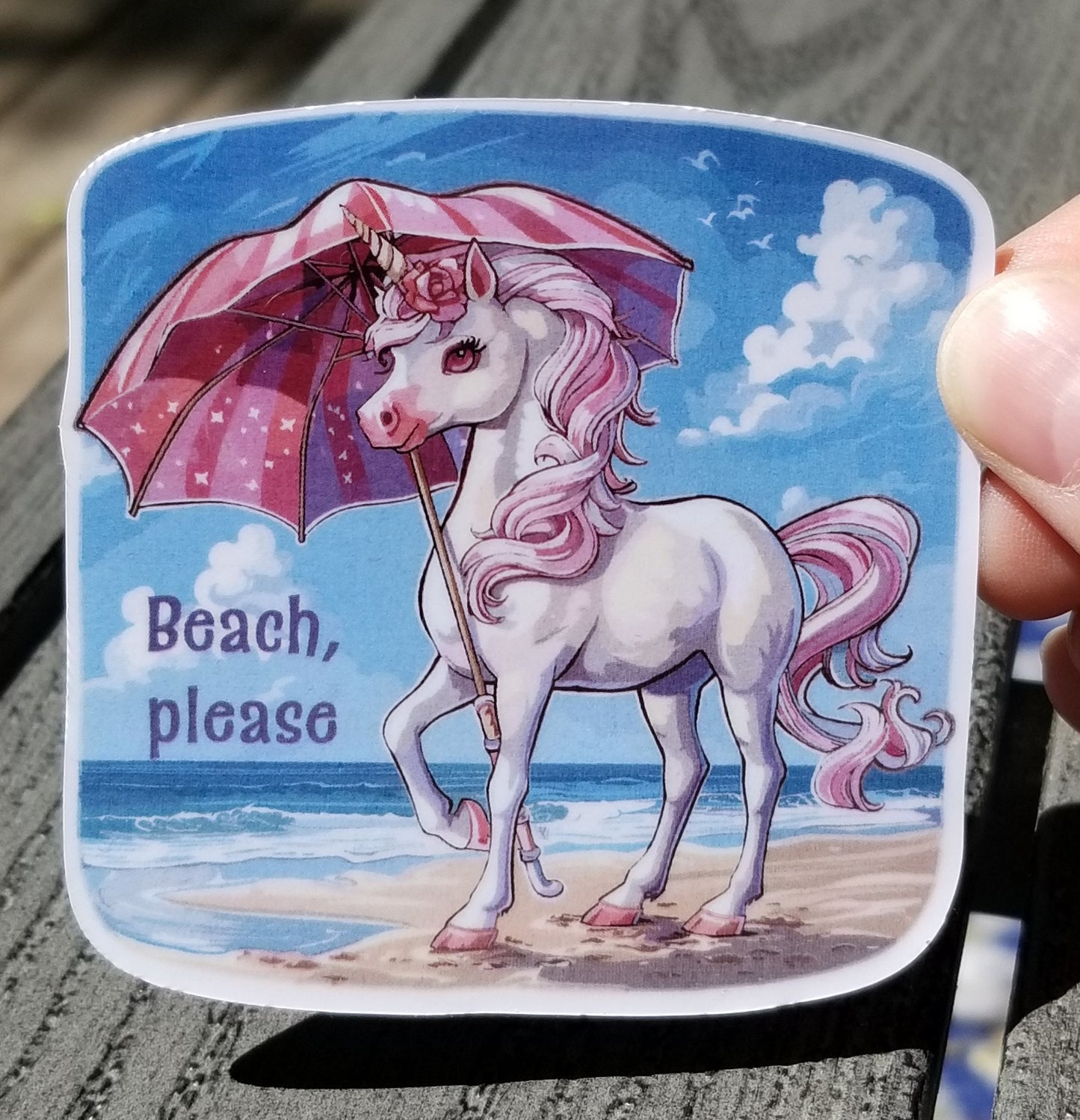 Beach unicorn vinyl sticker 3 inches, water resistant decal, beach please, unicorn at the beach, parasol unicorn, funny unicorn