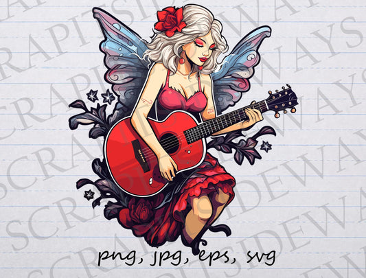 Fairy with guitar clipart vector graphic svg png jpg eps t-shirt design musician rock and roll acoustic guitar