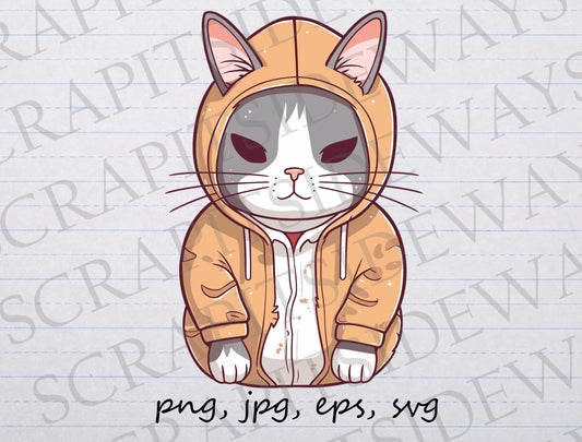 Cat in a hoodie clipart vector graphic svg png jpg eps cute cat in a sweater dressed cat cat street wear