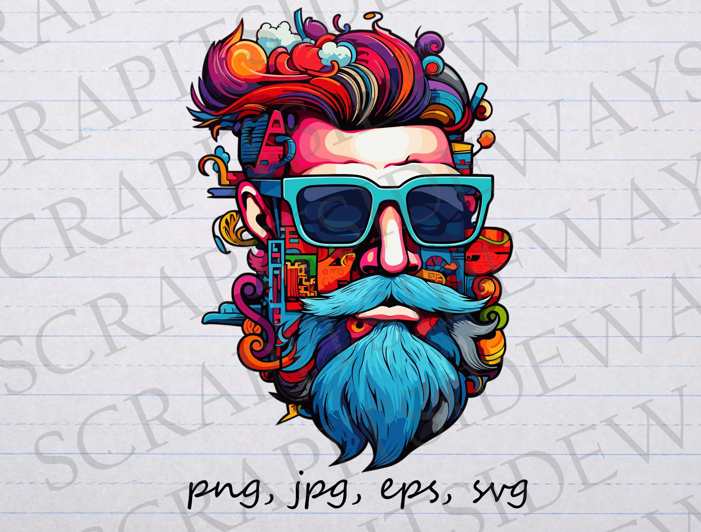 Funky psychedelic Hipster clipart vector graphic svg png jpg eps colorful man, psychedelic man, man with beard, rainbow hipster, rainbow man