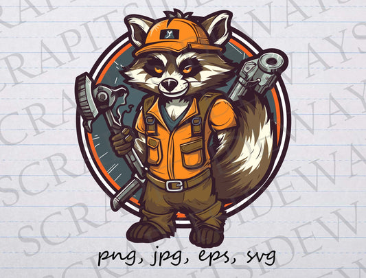 Raccoon mechanic clipart vector graphic svg png jpg eps worker handy man blue collar