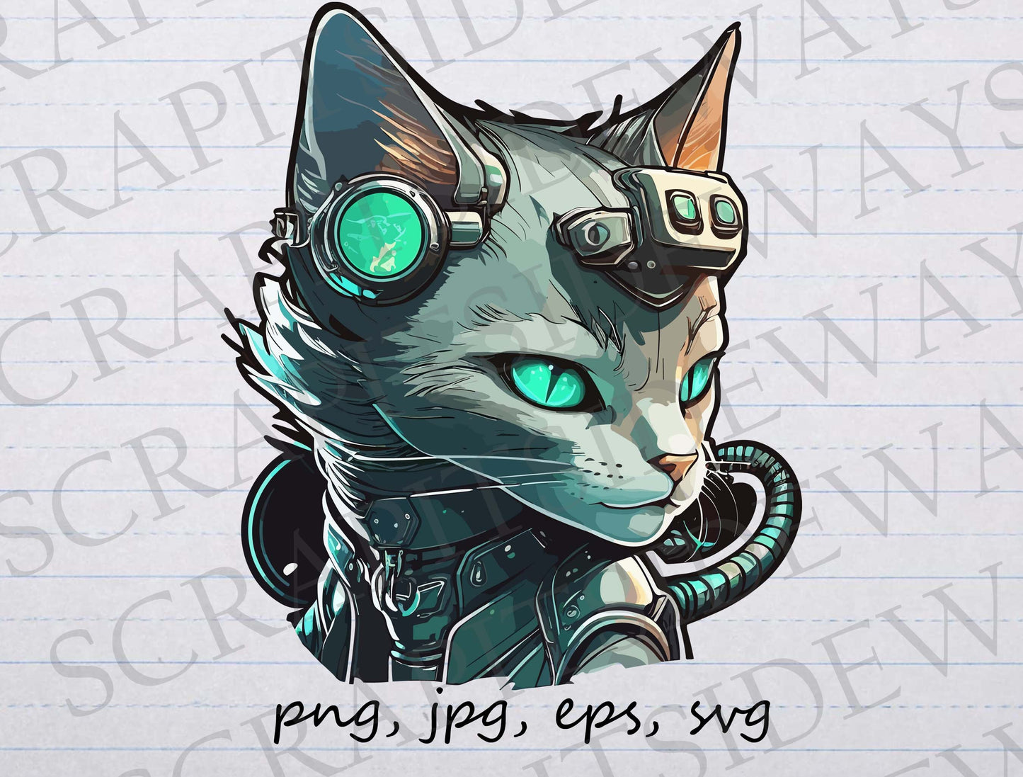 Cute cyberpunk cat clip art clipart vector graphic svg png jpg eps, sci fi cat, cyborg cat, futuristic cat