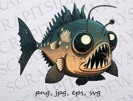 Cute angler fish clipart vector graphic svg png jpg eps scary fish ocean deep water