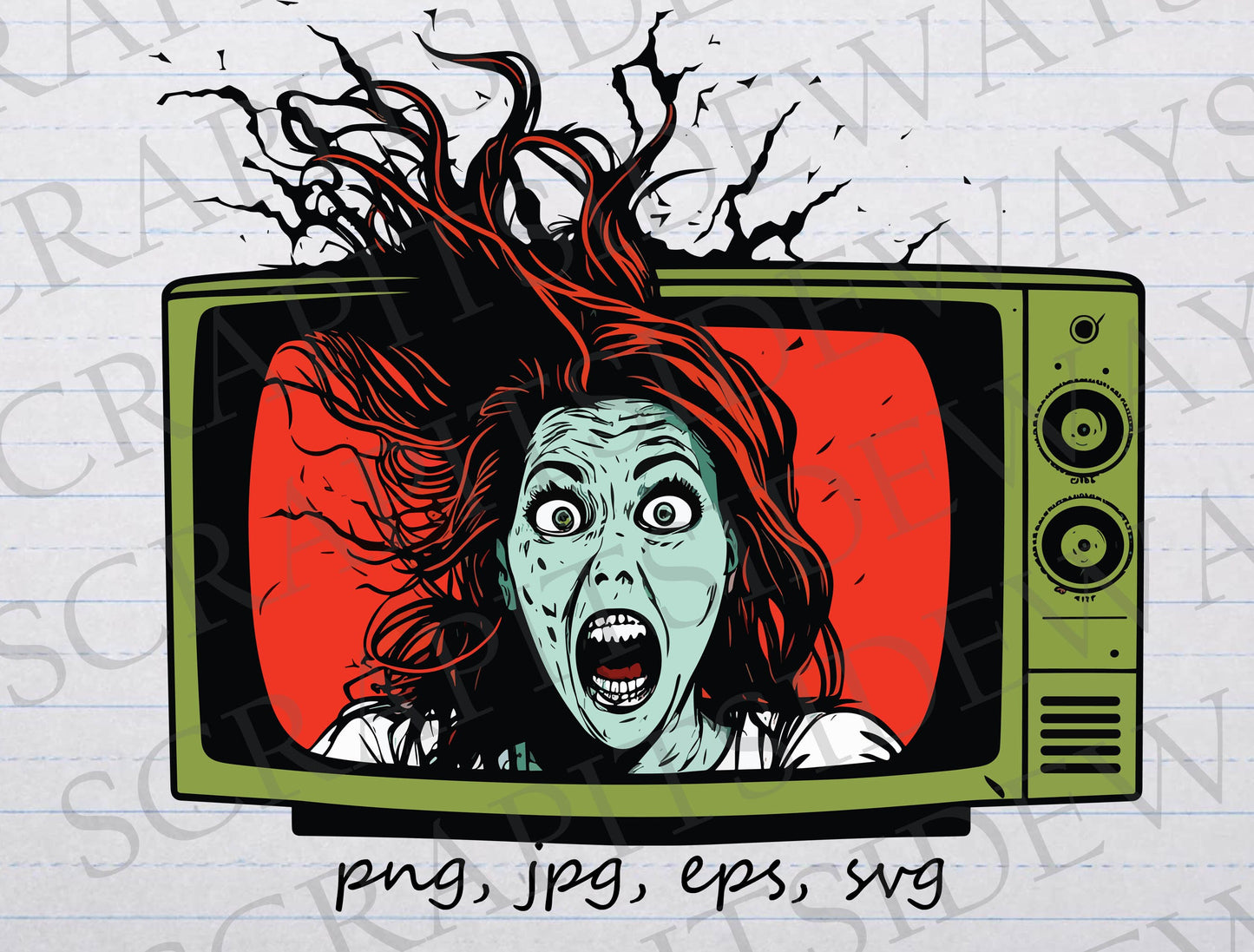 Scary TV woman clipart vector graphic svg png jpg eps horror show woman in TV monster