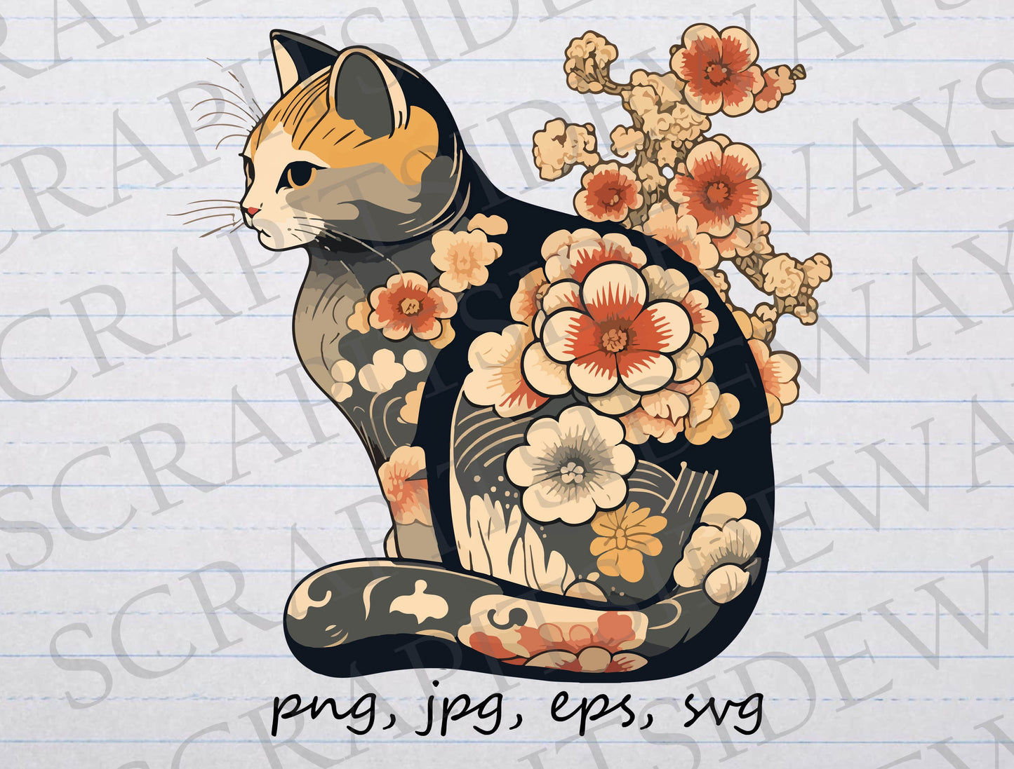 Japanese flowers cat clipart vector graphic svg png jpg eps japan japanese pattern kitty cat with tattoos