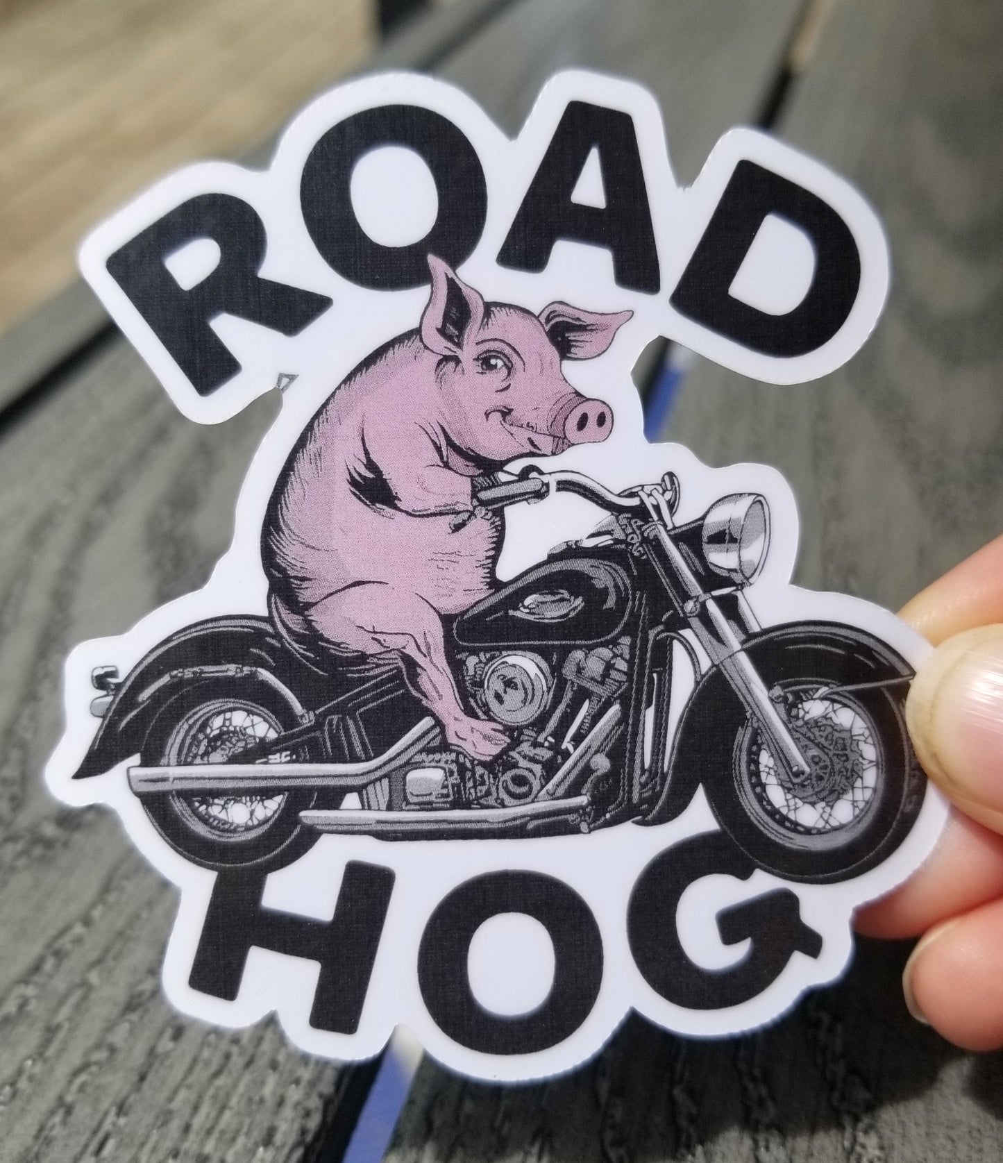 Motorcycle Road hog vinyl sticker 3 inches, water resistant decal, hog on a hog, biker hog, biker piggy, motorcycle pig, motorcycle hog