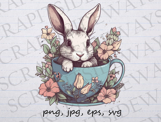 Cute bunny in tea cup clipart vector graphic svg png jpg eps sticker design tshirt design easter bunny teacup floral rabbit