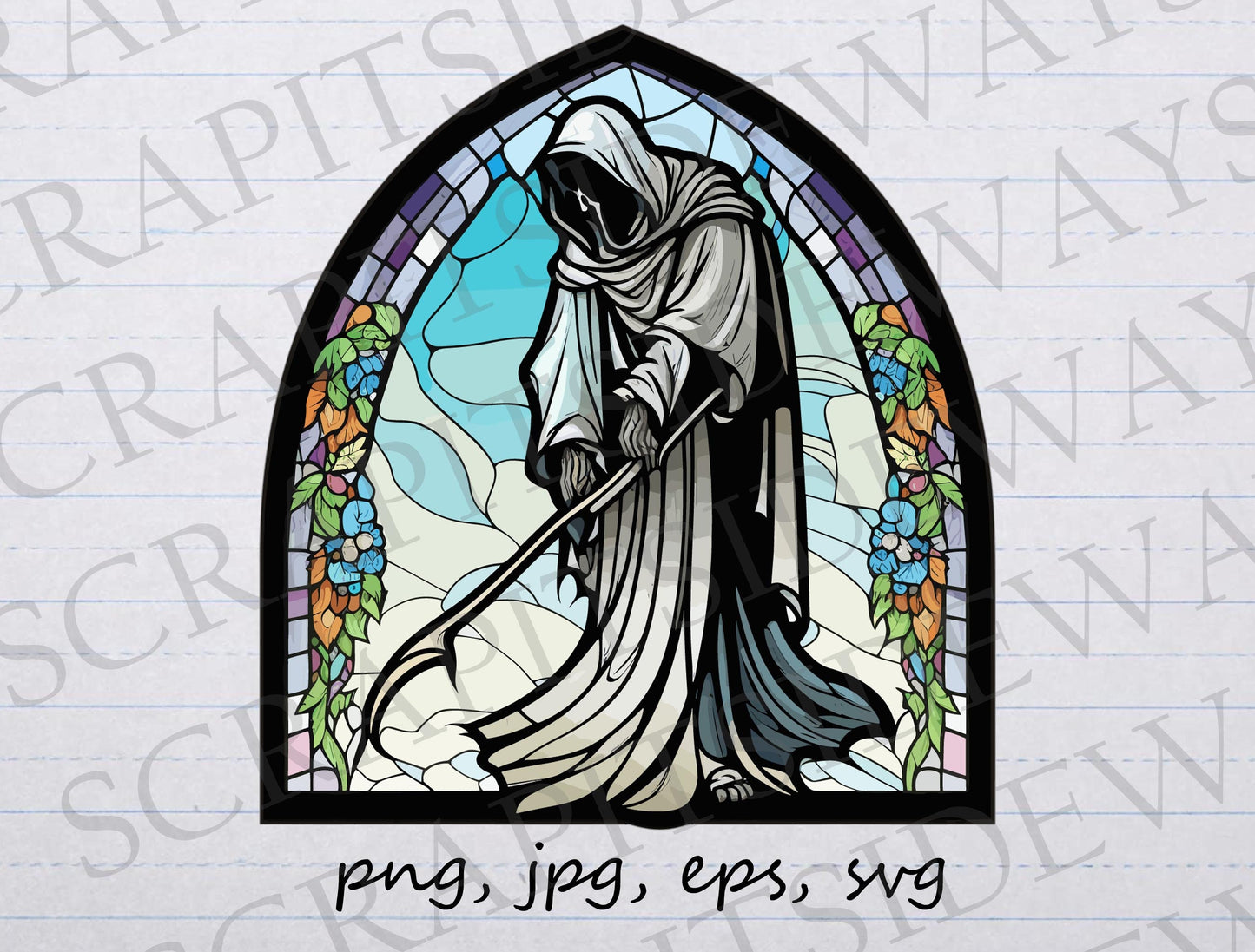 Grim reaper stained glass clip art clipart vector graphic svg png jpg eps, death, beautiful grim reaper, beautiful death, stain glass